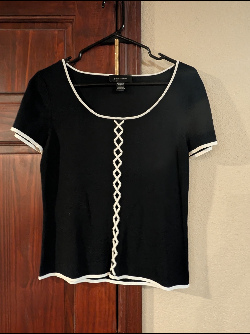Petite Sophisticate Black Short-Sleeve Top with White Trim